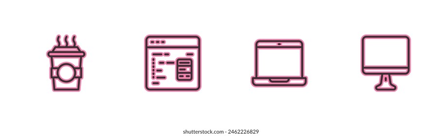 Set line Coffee cup to go, Laptop, Software and Computer monitor screen icon. Vector