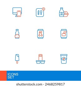 Set line Taza de café para llevar, helado, lata de refresco, botella de salsa, pedido en línea de alimentos y alimentos icono. Vector