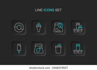 Set line Coffee cup to go, Paper glass with water, Online ordering meal, Ice cream, food, waffle and Donut icon. Vector