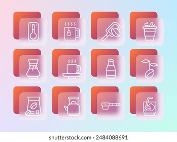 Set line Kaffeetasse, Wasserkocher mit Griff, Milchflasche, filterner Halter, Spatel Kaffeekorn, Thermometer und Tasse Teebeutel-Ikone. Vektorgrafik