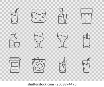 Set line Coffee cup to go, Glass juice, Champagne bottle and glass, whiskey, Cocktail, Wine, Bloody Mary and  icon. Vector