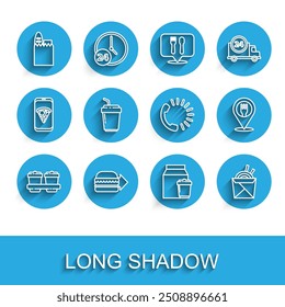 Definir linha Xícara de café para ir, Pedido on-line de entrega de hambúrguer, Saco de compras e comida, macarrão asiático chopsticks, Cafe restaurante localização e ícone de comida. Vetor