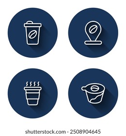 Set line Taza de café para llevar, Locación con grano de café, y verter sobre el fabricante con sombra larga. Botón de círculo azul. Vector
