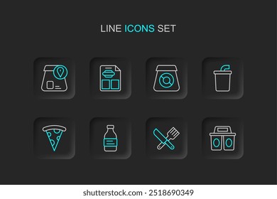 Definir linha Xícara de café para ir, Faca cruzada e garfo, Água de garrafa, Pizza de fatia, Vidro de papel com, Pedidos de comida on-line, Restaurante menu café e ícone. Vetor