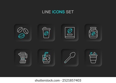 Set line Coffee cup to go, Teaspoon, Espresso tonic coffee, maker moca pot, jar bottle, book,  and beans icon. Vector