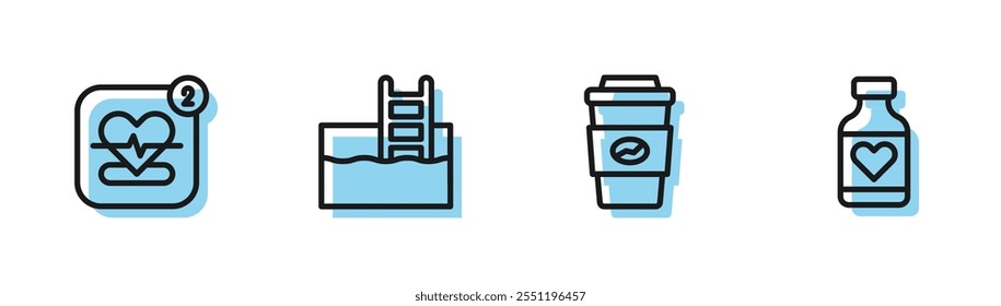 Definir linha Xícara de café para ir, Móvel com frequência cardíaca, Escada de piscina e ícone de pílula de vitamina. Vetor