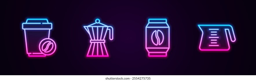 Set line Coffee cup to go, moca pot, Bag coffee beans and . Glowing neon icon. Vector