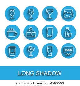 Set line Coffee cup to go, Cocktail, Glass beer, Alcohol bar location, Whiskey bottle and glass, drink Rum and with water icon. Vector