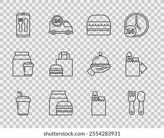 Set line Coffee cup to go, Fork and spoon, Burger, Online ordering burger delivery, Shopping bag food and  icon. Vector