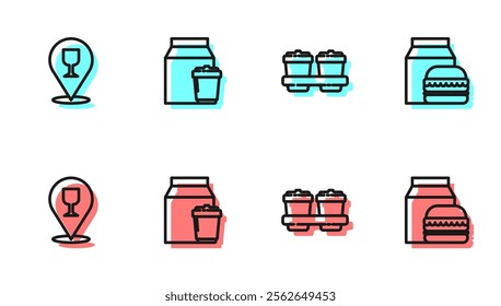 Set line Coffee cup to go, Alcohol or beer bar location, Online ordering and delivery and burger icon. Vector