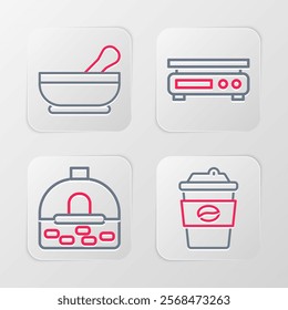 Set line Coffee cup to go, Brick stove, Electronic scales and Mortar and pestle icon. Vector