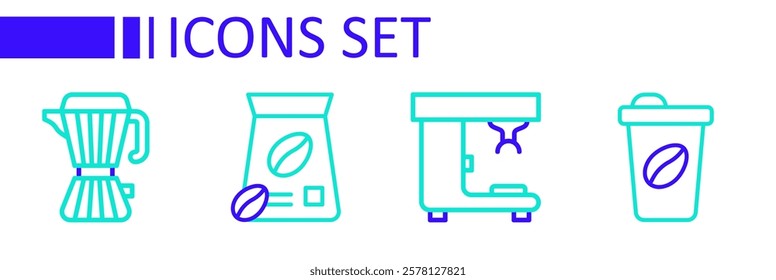 Set line Coffee cup to go, machine, Bag coffee beans and maker moca pot icon. Vector