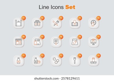 Set line Coffee cup to go, Fork, Cookie biscuit, Online ordering food, Bottle water, meal and Cafe and restaurant location icon. Vector