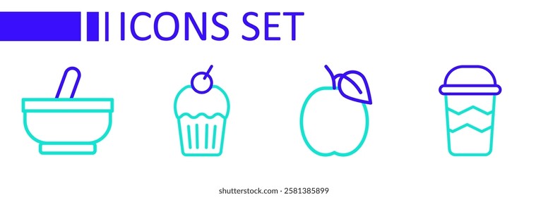 Set line Coffee cup to go, Plum fruit, Muffin and Mortar and pestle icon. Vector