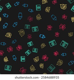 Set line Coffee cup to go, Bag coffee beans, and conversation and bean, branch on seamless pattern. Vector