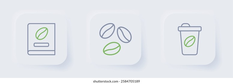 Set line Coffee cup to go, beans and book icon. Vector