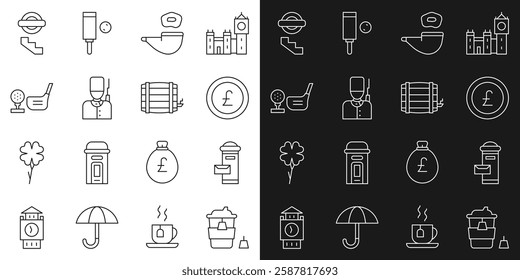 Set line Coffee cup to go, London mail box, Coin money with pound, Smoking pipe, British soldier, Golf club ball tee, underground and Wooden barrel icon. Vector