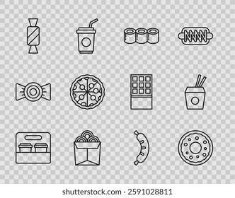 Set line Coffee cup to go, Donut, Sushi, Noodles in box, Candy, Pizza, Hotdog and Asian noodles chopsticks icon. Vector