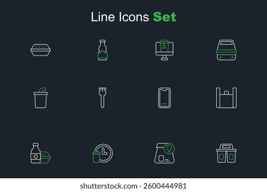 Set line Coffee cup to go, Online ordering food, Round the clock delivery, Food on mobile, Fork and Paper glass with water icon. Vector
