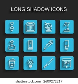 Set line Coffee cup to go, Light bulb, Fountain pen nib, Paint brush, Projection screen, Locker or changing room, USB flash drive and Microphone icon. Vector
