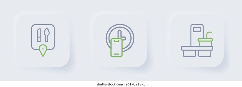 Set line Coffee cup to go, Round the clock delivery and Cafe and restaurant location icon. Vector