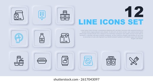 Set line Coffee cup to go, Crossed knife and fork, Bottle water, Online ordering food, Round the clock delivery, Lunch box, Cafe restaurant location and Soda can icon. Vector