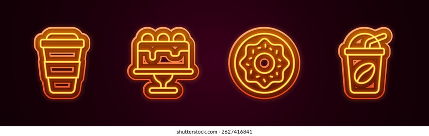 Set line Coffee cup to go, Cake, Donut and Iced coffee. Glowing neon icon. Vector