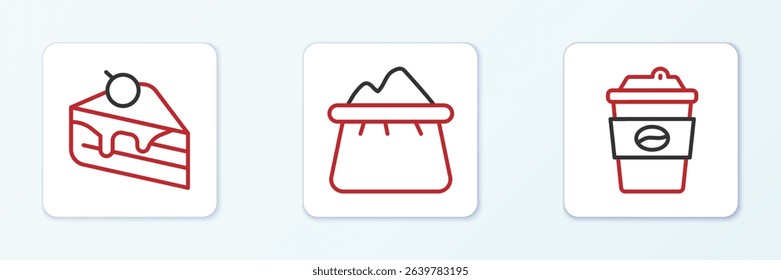 Set line Coffee cup to go, Piece cake and Bag flour icon. Vector