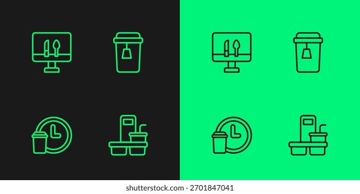 Set line Taza de café para llevar, entrega durante todo el día, pedidos en línea de alimentos y taza de té icono. Vector