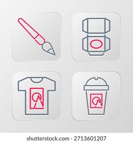 Definir linha Xícara de café para ir, T-shirt, caixa de papelão de cartão e ícone de pincel de tinta. Vetor
