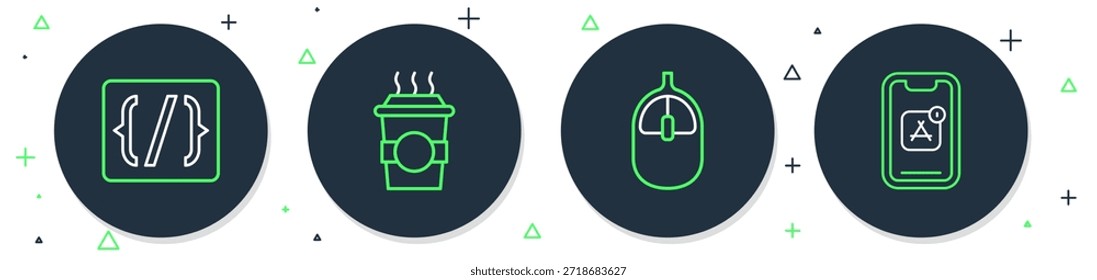 Set line Kaffeetasse zu gehen, Computer-Maus, Programmiersprache Syntax und Mobile Apps Symbol. Vektorgrafik