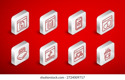 Fije la taza de café para ir, servidor, datos, alojamiento de Web, App móviles, software, navegador con escudo, ventana de carga de datos e ícono del procesador. Vector