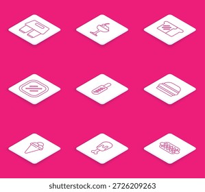 Taza de café para llevar, helado en tazón, pan tostado, carne de bistec, sándwich de perrito caliente, hamburguesa, cono de gofre y icono de pierna de pollo. Vector