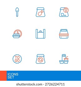 Set line Taza de café para llevar, Pedidos en línea de alimentos, caja de almuerzo, entrega durante todo el día, y el icono de comida. Vector