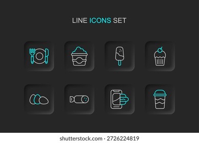 Set line Coffee cup to go, Food ordering on mobile, Salami sausage, Chicken egg, Muffin, Ice cream, Popcorn cardboard box and Plate, fork and knife icon. Vector