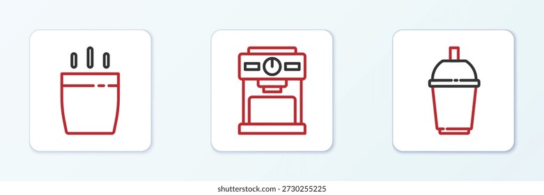 Fije la taza de café de la línea para ir, y el icono de la máquina. Vector