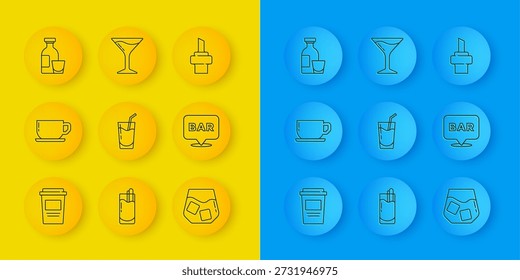 Taza de café para llevar, cóctel, whisky de cristal, ubicación de la barra de alcohol, bebida de ron, corcho de madera para el vino y el icono de la copa de Martini. Vector