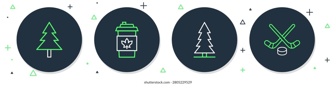 Set line Coffee cup to go, Canadian spruce, Christmas tree and Ice hockey sticks and puck icon. Vector