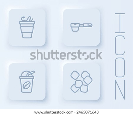 Set line Coffee cup to go, filter holder, Iced coffee and Sugar cubes. White square button. Vector