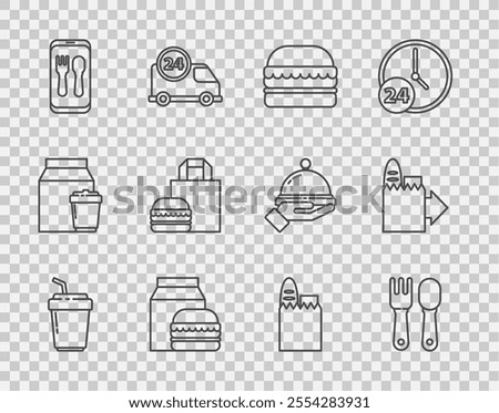Set line Coffee cup to go, Fork and spoon, Burger, Online ordering burger delivery, Shopping bag food and  icon. Vector