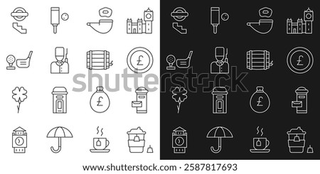 Set line Coffee cup to go, London mail box, Coin money with pound, Smoking pipe, British soldier, Golf club ball tee, underground and Wooden barrel icon. Vector