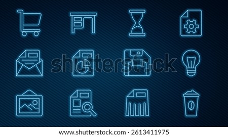 Set line Coffee cup to go, Light bulb, Old hourglass, Document with graph chart, Mail and e-mail, Shopping cart, Floppy disk and Office desk icon. Vector