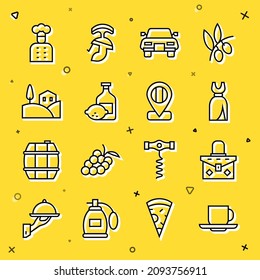 Set line Coffee cup, Handbag, Woman dress, Car, Limoncello bottle, Village landscape, Italian cook and Location flag Italy icon. Vector