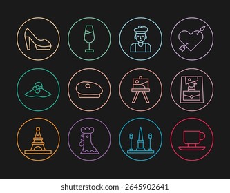 Set line Coffee cup, Handbag, French man, beret, Elegant women hat, Woman shoe, Easel or painting art boards and Wine glass icon. Vector