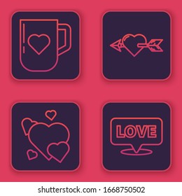 Set line Coffee cup and heart, Heart, Amour with heart and arrow and Speech bubble with text love. Blue square button. Vector