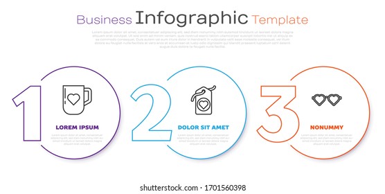 Set line Coffee cup and heart, Heart tag and Heart shaped love glasses. Business infographic template. Vector