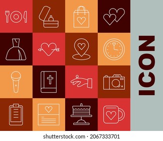 Set line Coffee cup and heart, Photo camera, Clock, Shopping bag with, Amour arrow, Woman dress, Plate, fork knife and Location icon. Vector