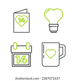 Set line Coffee cup and heart, Calendar with February 14, Heart shape in light bulb and Valentines day flyer icon. Vector