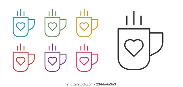 Ajuste la línea de la taza de café y el icono del corazón aislados en fondo blanco. Café par para los amantes en San Valentín. Indique los iconos en colores. Vector
