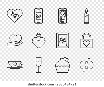 Set line Coffee cup and heart, Gender, Mobile with, Wine glass, Healed broken, Bottle love potion, Wedding cake and Lock icon. Vector